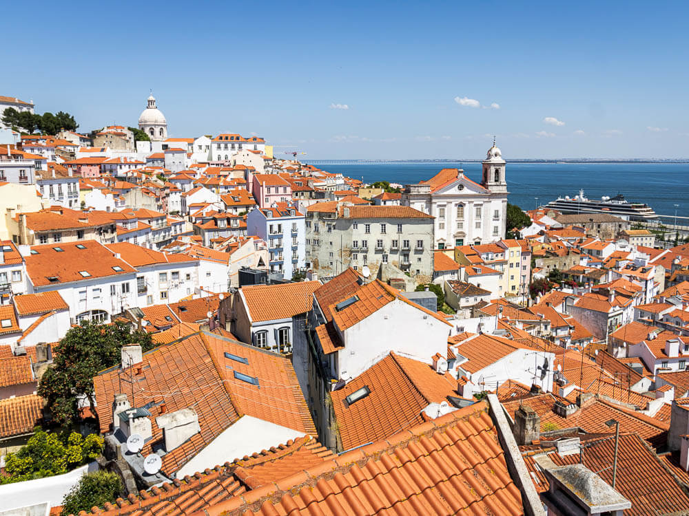 View from above of Alfama during daytime, with white buildings and red roofs. In the background, there’s the Tagus River.