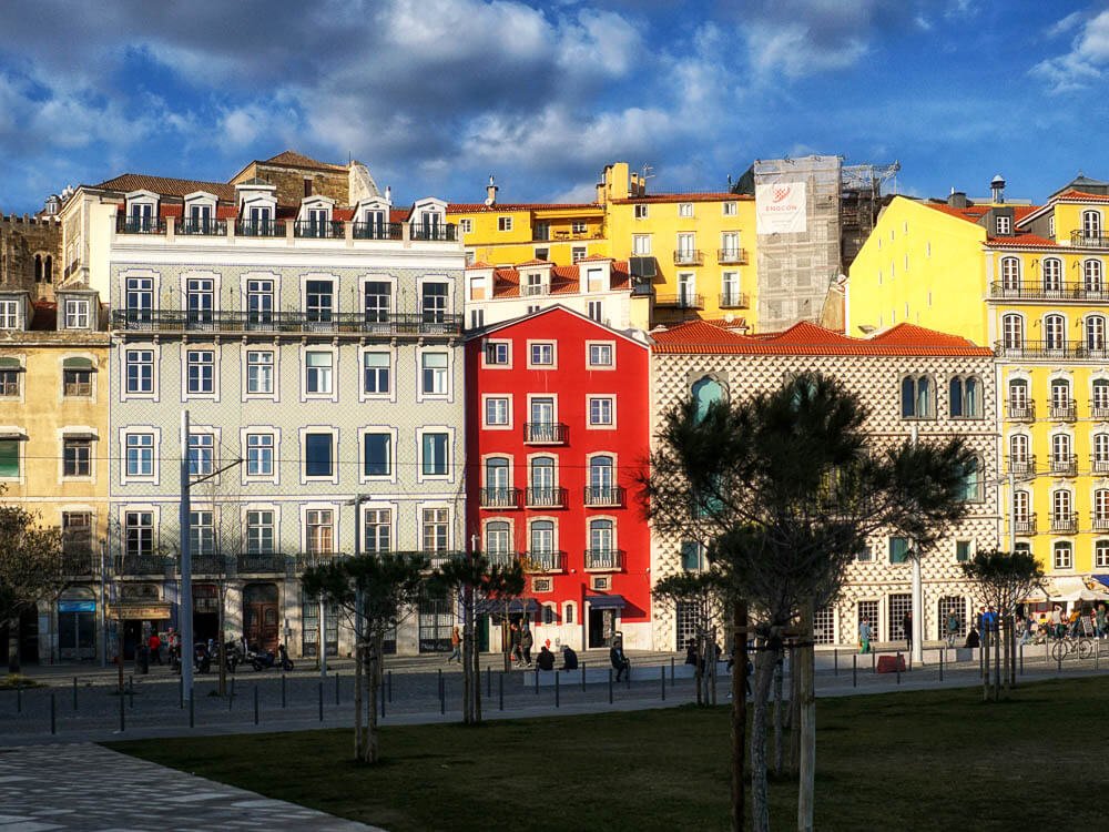 A brightly painted red building capturing attention in the heart of Lisbon, Portugal.