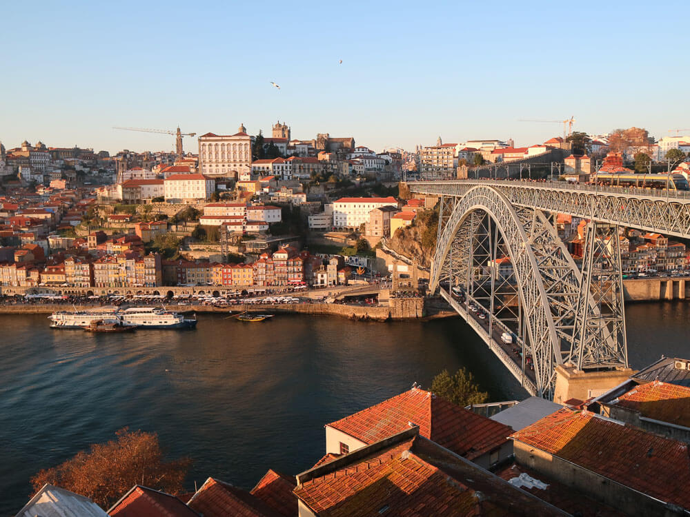 Aerial view of Porto, Portugal with Douro River and Dom Luís I Bridge.