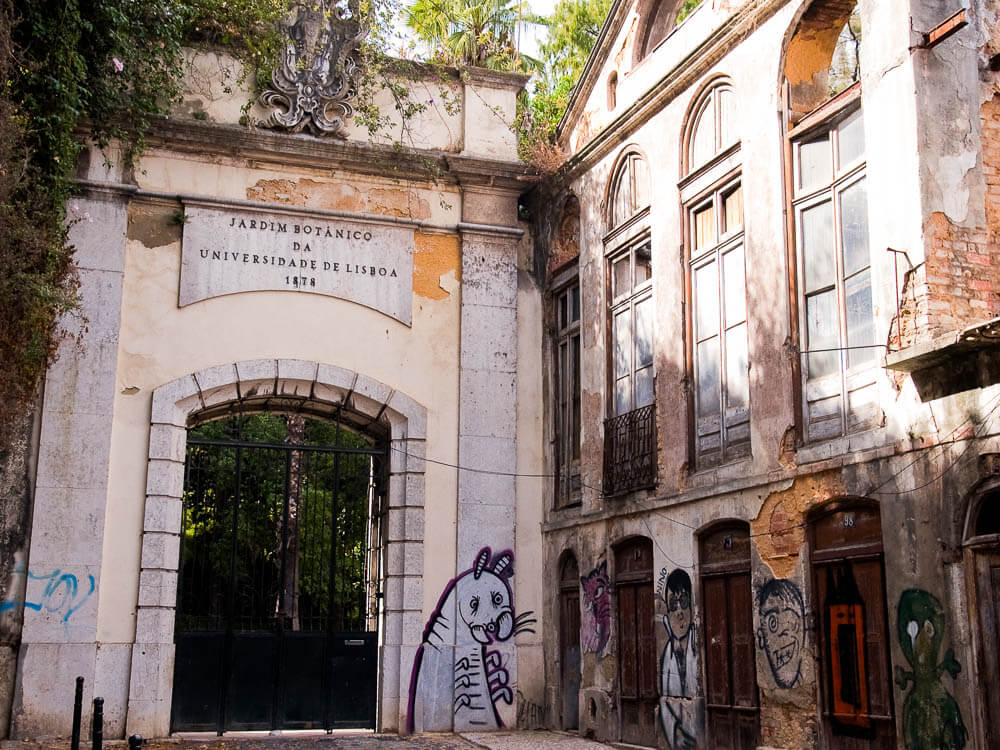 Entrance of the Lisbon Botanical Garden. A black gate with a cement arch, through which trees can be seen. Above, a cement sign reads "Jardim Botânico da Universidade de Lisboa." On the right side, there are old windows and graffiti on the walls. On the left side, leaves fall on the facade.