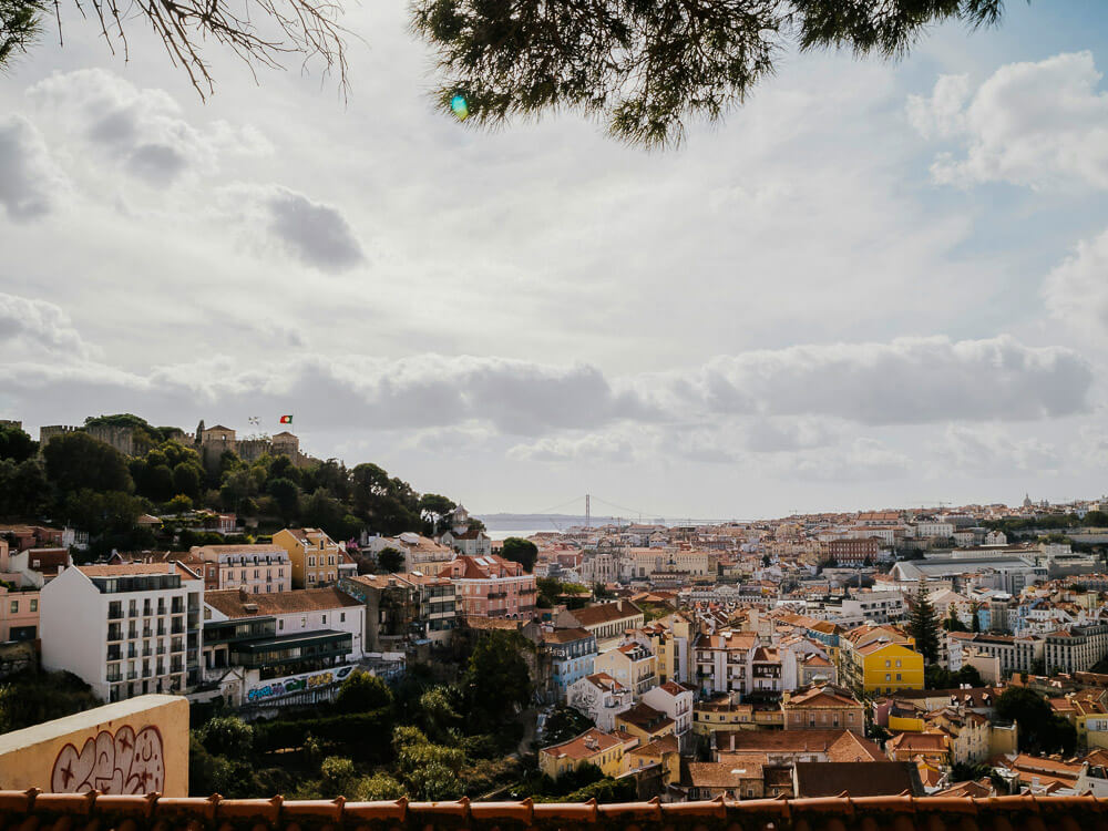 View from above of the city of Lisbon on a sunny day. On the left is São Jorge Castle, surrounded by trees. In the background, the Tagus River. There are many buildings with red roofs and colorful facades.