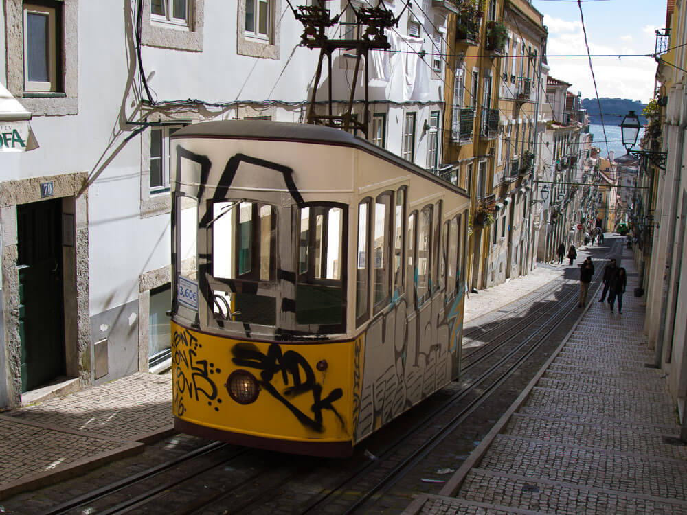 The iconic yellow tram of Lisbon, covered in graffiti, making its way up a steep, narrow street lined with traditional buildings. The Tagus River is visible in the background.