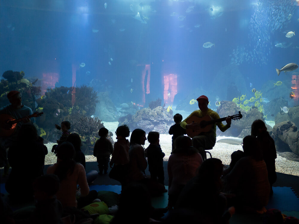 A group of children enjoying a live guitar performance in front of a large aquarium at the Lisbon Oceanarium, creating a unique underwater ambiance.