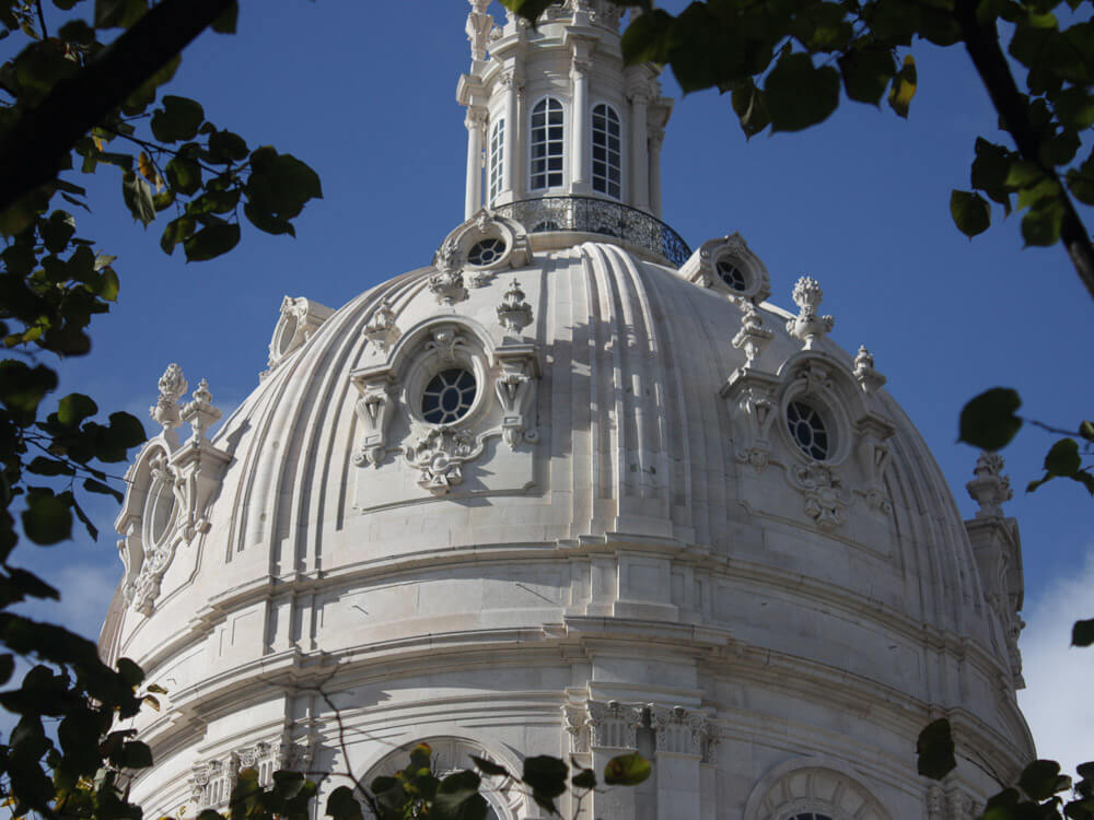 The dome of Basílica da Estrela, seen from below with some leaves in the foreground.