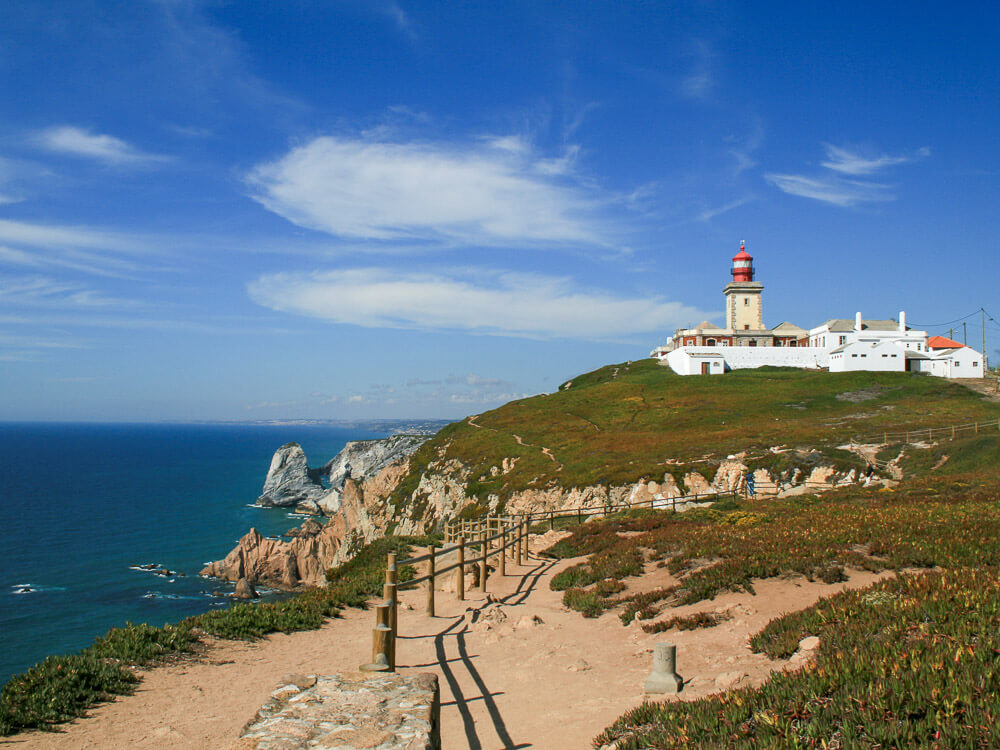 A wide-angle view of the cliffside path leading to the lighthouse in Cabo da Roca, with the ocean and distant cliffs in the background.