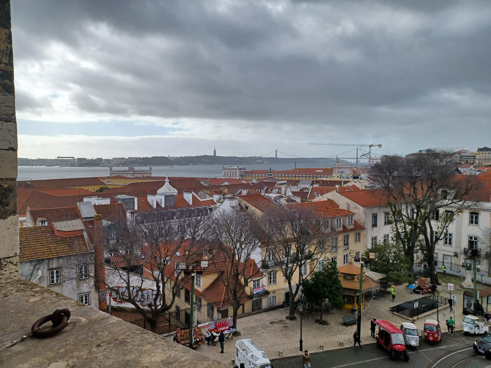 Scenic view of rooftops and the Tagus River in Lisbon, taken from a high vantage point on a cloudy day.